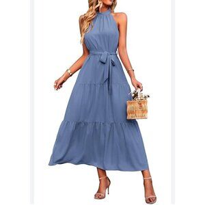 Pretty Garden Womens Halter Neck Tiered Maxi Dress Size S Waist Tie Light Blue